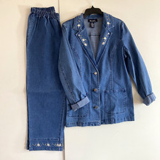 Vintage Denim Co Womens Size M Jacket Capris Set Jean Embroidered Daisy