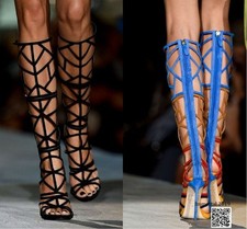 Gladiator Hollow Out Peep Toe Knee High Boots Women Sandals Punk Stilettos Heel