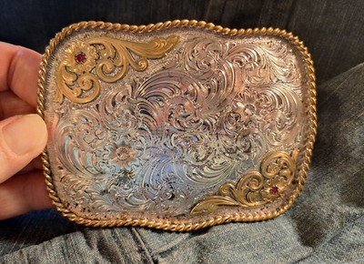 Montana Silversmiths Floral Engraved Sterling Plated Belt Buckle w/2  Red Gems