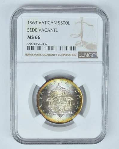 MS66 1963 Vatican 500 Lire Silver Sede Vacante NGC Toned! *8992