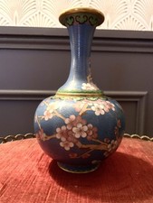 Superbe Vase Cloisonné Chinois - Décor De Cerisiers Fond Bleu - Vintage