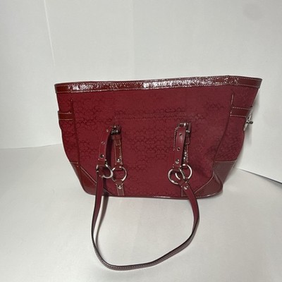 Coach Red Signature Logo Zip Top Tote, Silver Hardware, Detachable Strap, Med