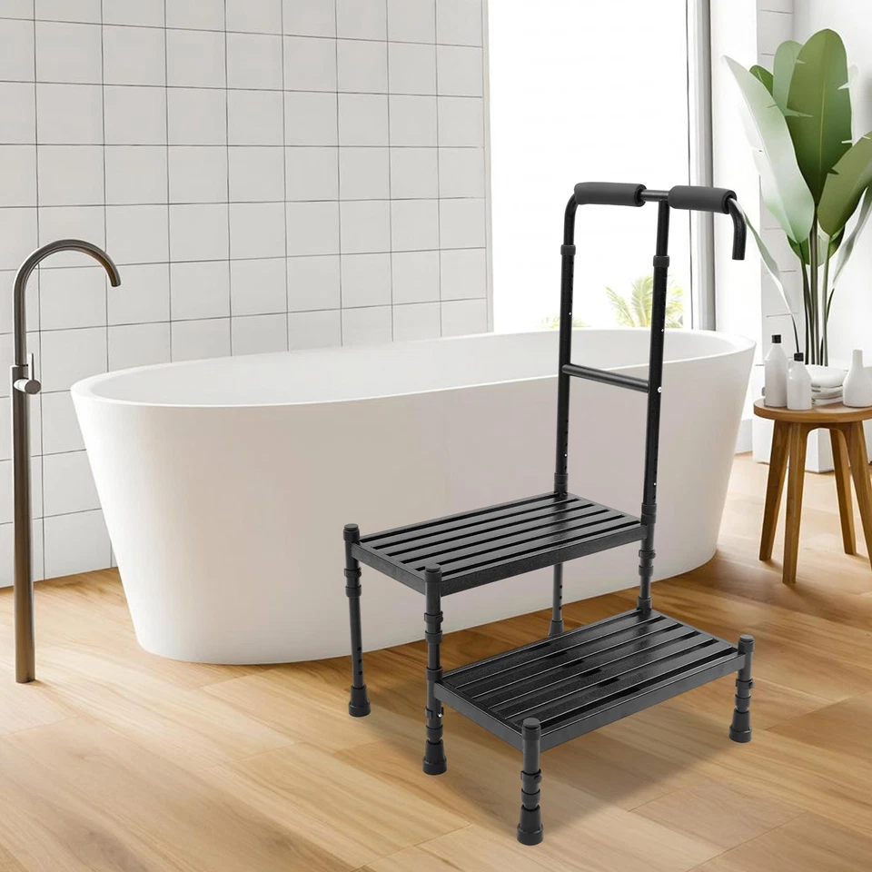 Floor Standing Step Stool Adult Ramp with Handrail Metal Stepping Stool New