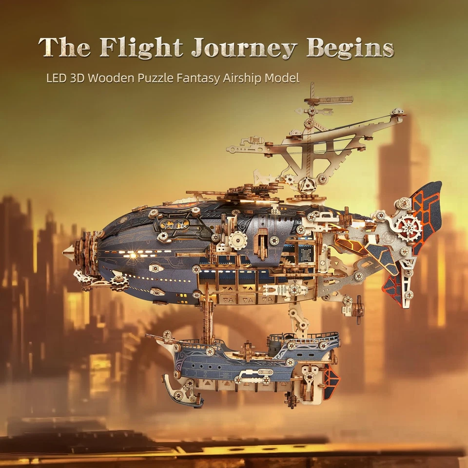 Rompecabezas de madera LED 3D modelo de dirigible de fantasía - Steampunk hágalo usted mismo kit de artesanía con LED L... Foto 2 de 4