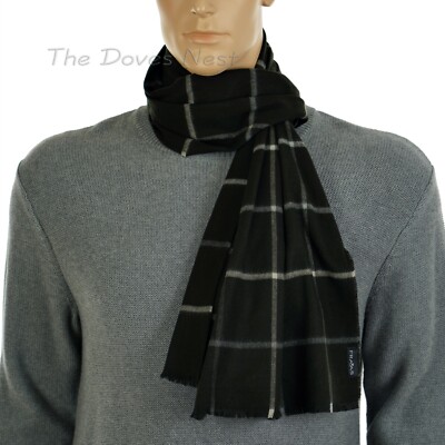 FRAAS Men's BLACK GRAY LARGE CHECK Lightweight Winter SCARF with SHORT  FRINGE