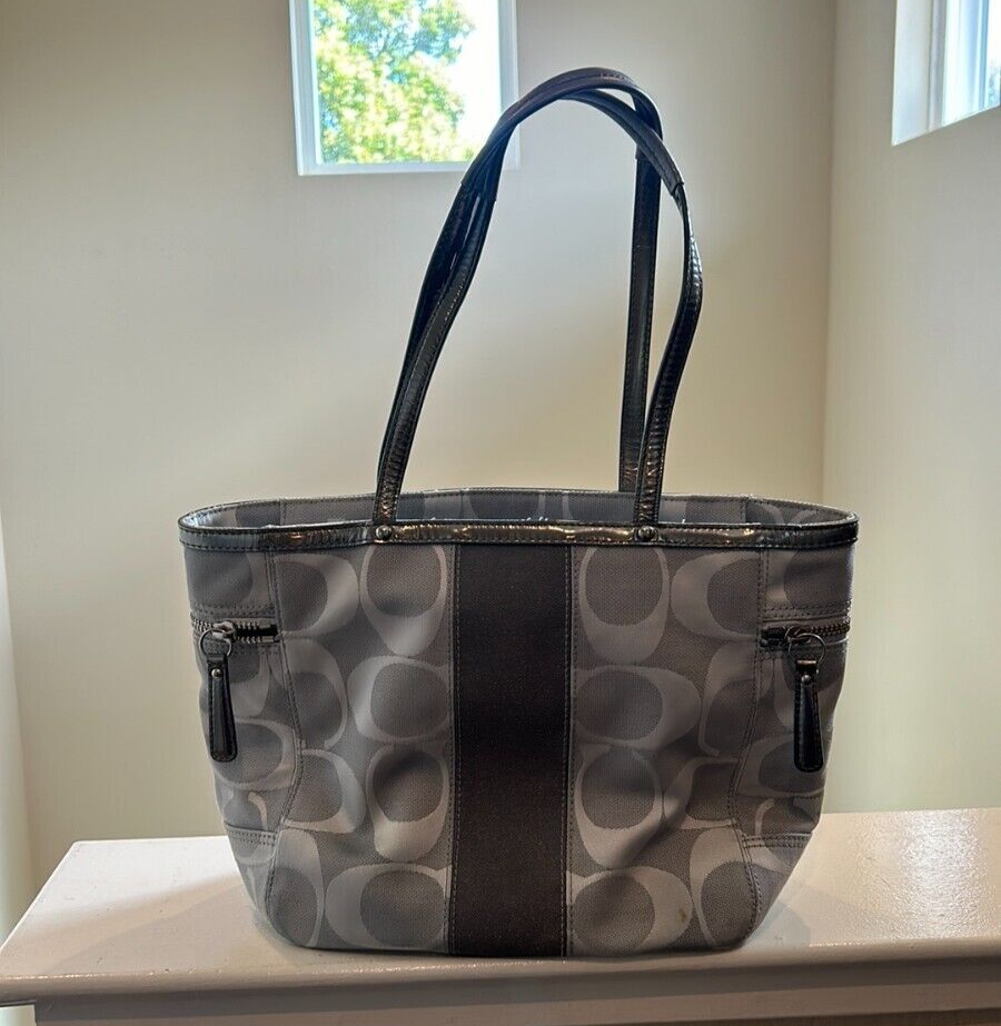 Coach Vintage Metallic Gray Signature Stripe Tote - Good  display picture 1