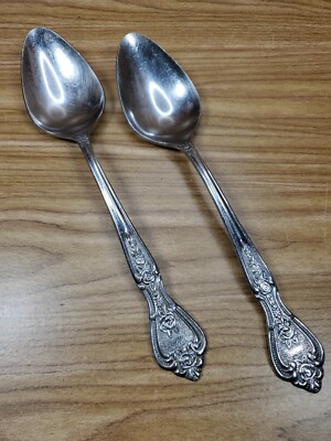2 NORMANDY Oval Soup Spoons Stainless Flatware Textured Rose Floral Glossy Japan