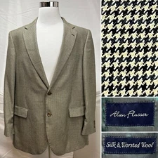 Alan Flusser Men's 46L Silk/Wool Blend Beige Tan Houndstooth Blazer Jacket