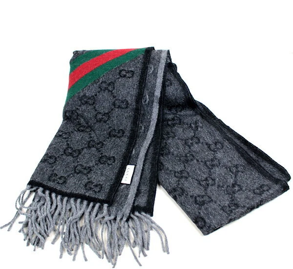 GUCCI GG Foulard Long à Franges Cachemire Angora Gris Rectangle 178x36cm