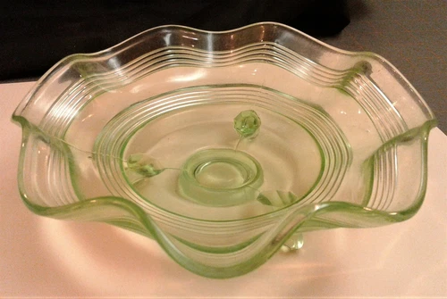 Vintage Green Depression Glass Ruffled Edge Footed Bowl