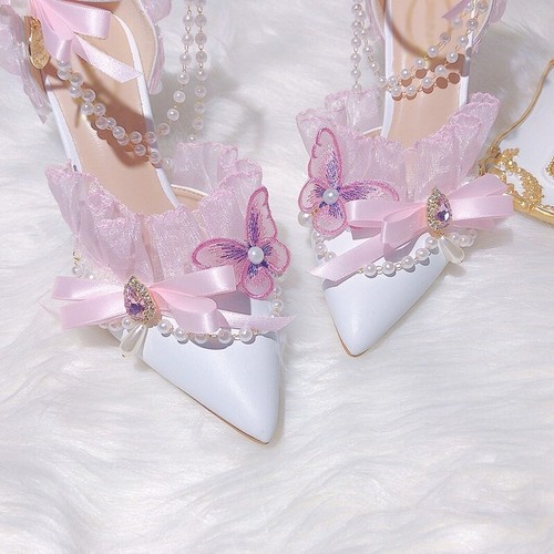 Pink Bowknot Pearl Lolita Princess Style Bridal Wedding Shoes: Pointed Toe Strap - Picture 23 of 24