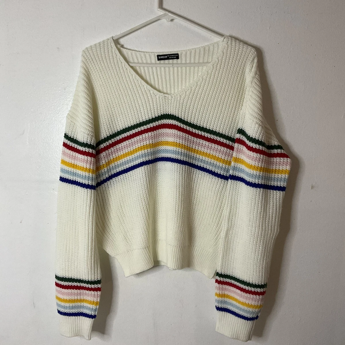 Shein Women White colorful Striped LongSleeve V Neck Knit Crop