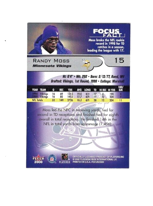 2000 Fleer Focus Football Card #15 Randy Moss Vikings NFL Hall Of Famer