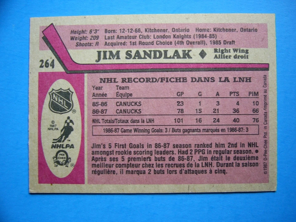 1987/88 O-PEE-CHEE NHL HOCKEY CARD #264 JIM SANDLAK ROOKIE EX/NM NM SHARP+ OPC - Image 2 of 2
