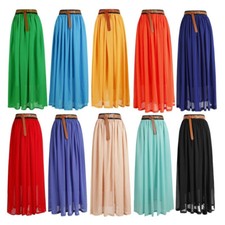 Long Midi Skirt Elastic Women Summer Layer Chiffon Waist Pleated Double