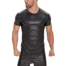 Men Soft Matte Leather T-Shirt Stretch Shiny Leather Vest Gym Crew Neck