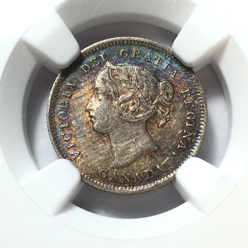 1899 CANADA 5C QUEEN VICTORIA SILVER COIN. AU DETAILS NGC CLEANED RAINBOW TONED!