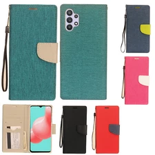 For Samsung Galaxy A32 5G Premium Fabric Wallet Pouch Flip Phone Cover