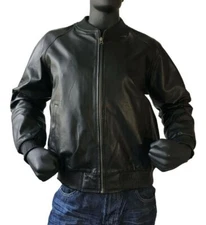 Men's Black Leather Flight Bomber Jacket Baseball Varsity Style Lambskin Jacket