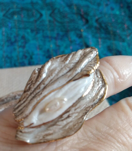 VINTAGE ARTIST MADE SIGNED POTTERY 2 PIECE RING AND REAL PEARLS HIGHLIGHTS GOLD - Picture 7 of 12