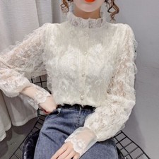Lady Lace Shirts Mock-Neck Lace Blouse Long Sleeve Button Tops Pleated Soft Cute