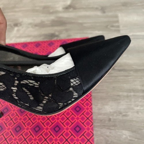 Tory Burch Glenna Camellia LaceSatin Black Heel Pumps Size 6.5 - Picture 12 of 19