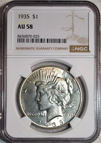 NGC AU-58 1935-P Silver Peace Dollar, Fully Lustrous & Barely Circulated.