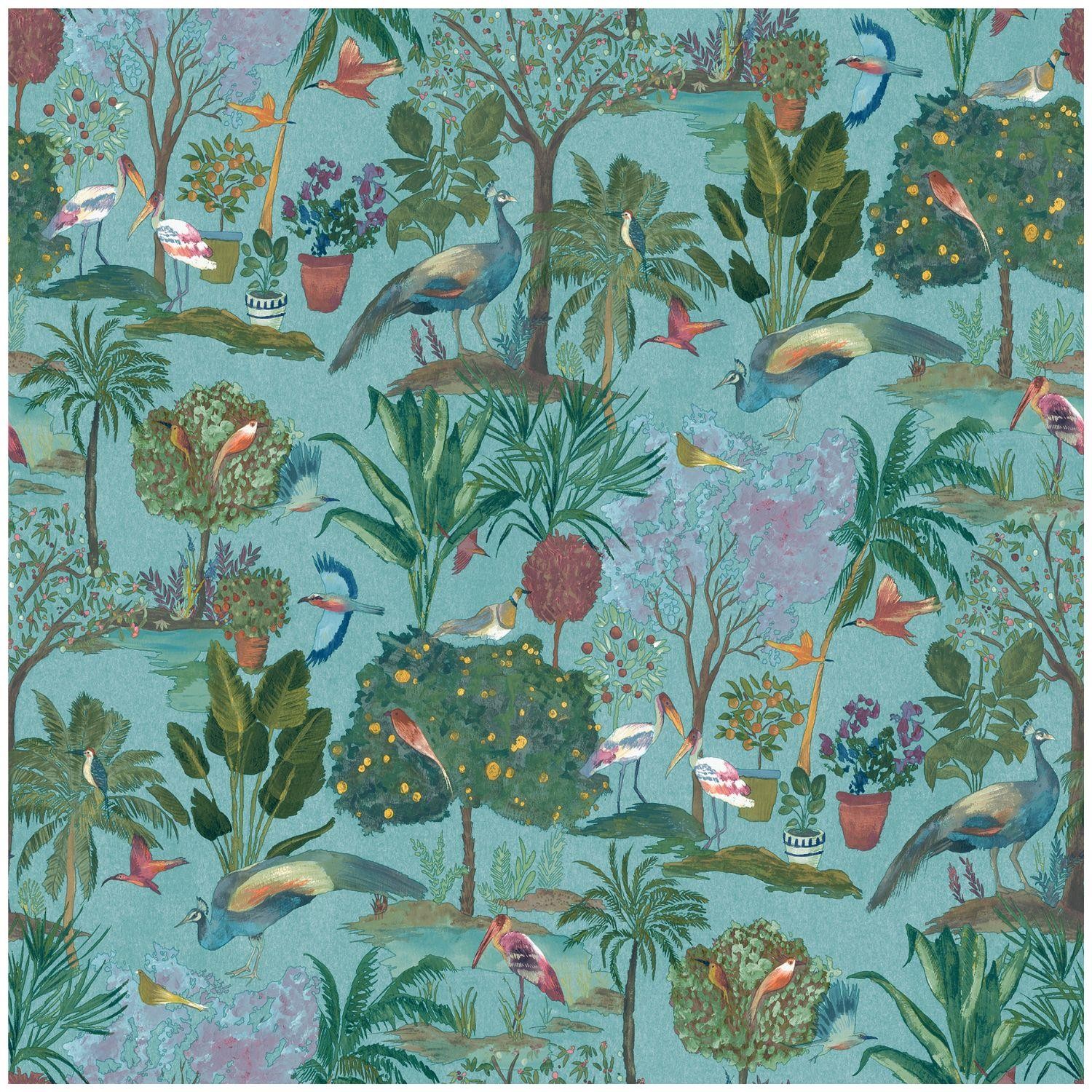 Teal Exotic Garden Exclusive Wallpaper Birds Botanical Grandeco Paste The Paper - Image 2