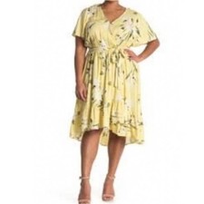 RACHEL RACHEL ROY Yellow Floral Wrap Midi Dress Plus Size 4X Flutter Sleeve