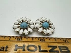 Pair of vintage white milk glass and turquoise composite stone flower clip-on