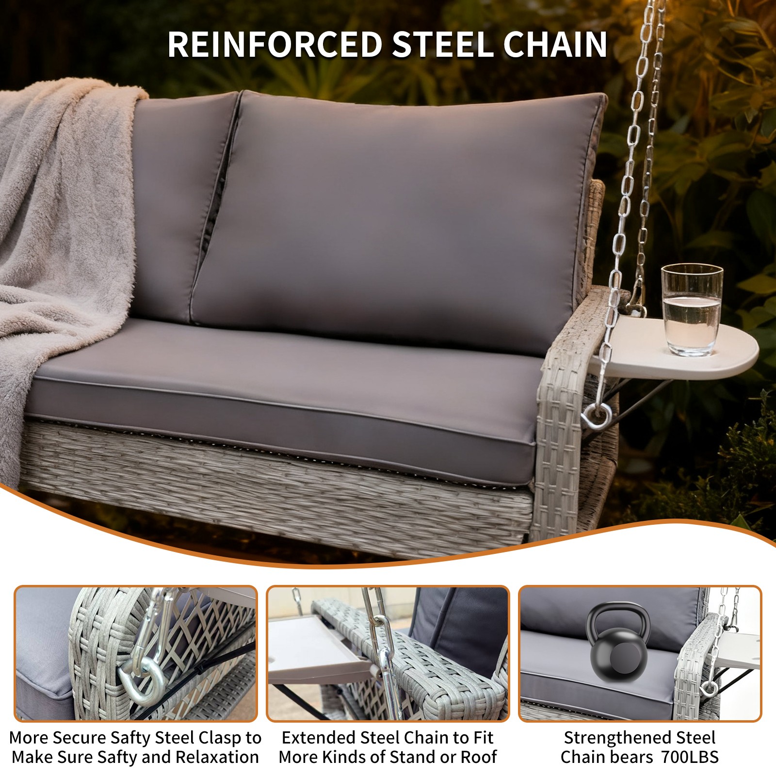 Wicker Porch Swing Hanging Chair Outdoor Patio Swing Bench w/Side Table