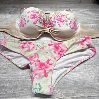 Victoria's Secret Bikini Floral Top 36C Bottoms Medium Scrunch Bottom Underwire