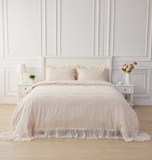 Tabitha Belgian Flax Linen Ruffle Duvet Cover 4 Color-Grey, Pink, White, Ivory