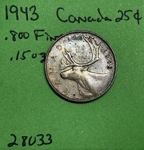 1943 Canada 🇨🇦 Silver 25 Cents Canadian Coin .800 Fine