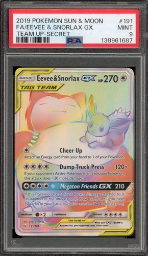 Pokemon Eevee & Snorlax GX Team Up Secret Rare #191 PSA 9 Mint