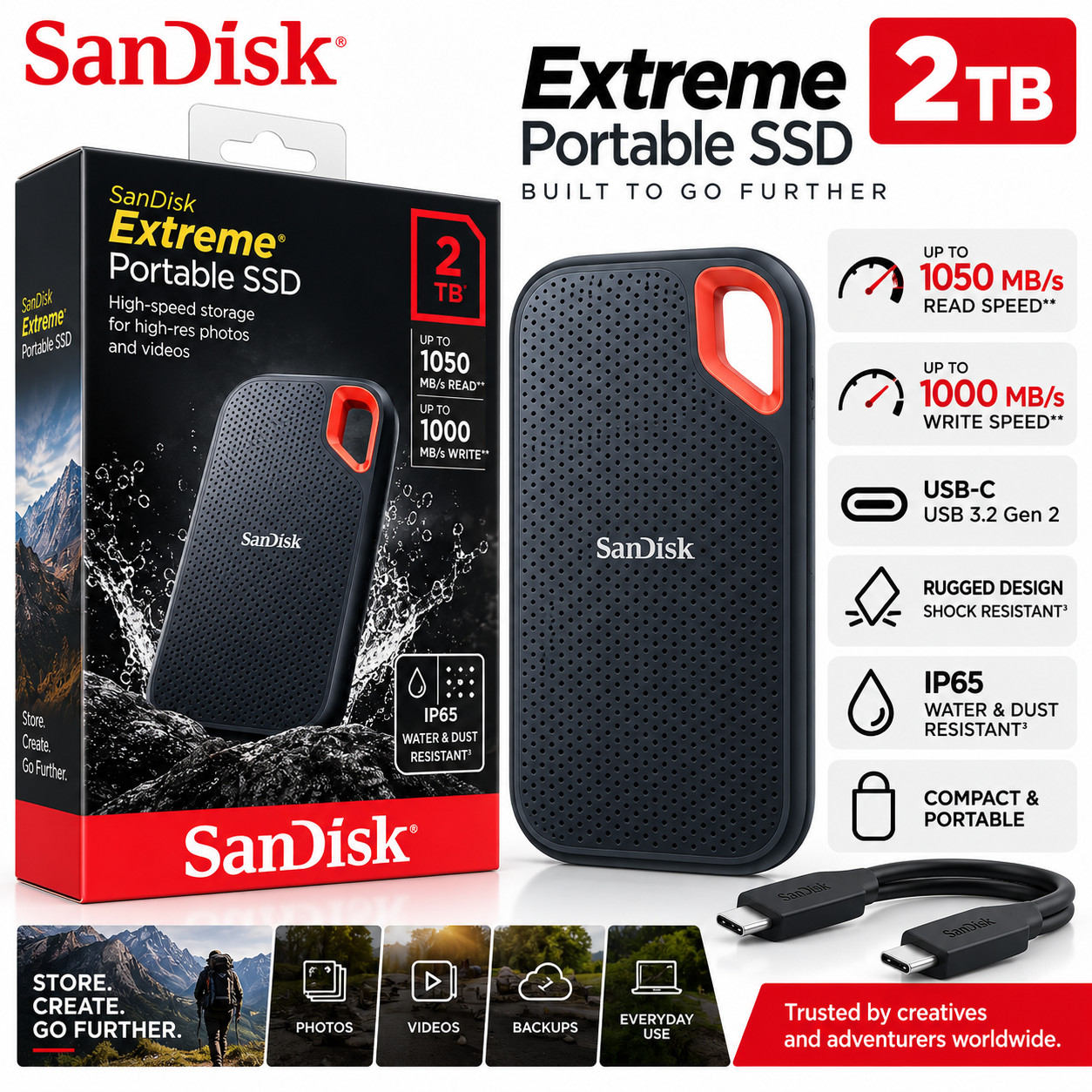 SanDisk Extreme Portable 2TB SSD up to 1050mbs new sealed warranty