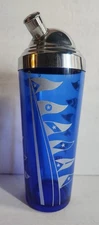ART DECO COCKTAIL SHAKER VINTAGE 1930s HAZEL ATLAS NAUTICAL FLAGS COBALT BLUE