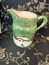 Log Cabin Christmas 1997 Macy's The Cellar 56 oz 7 1/2" pitcher Cabin Snow Xmas