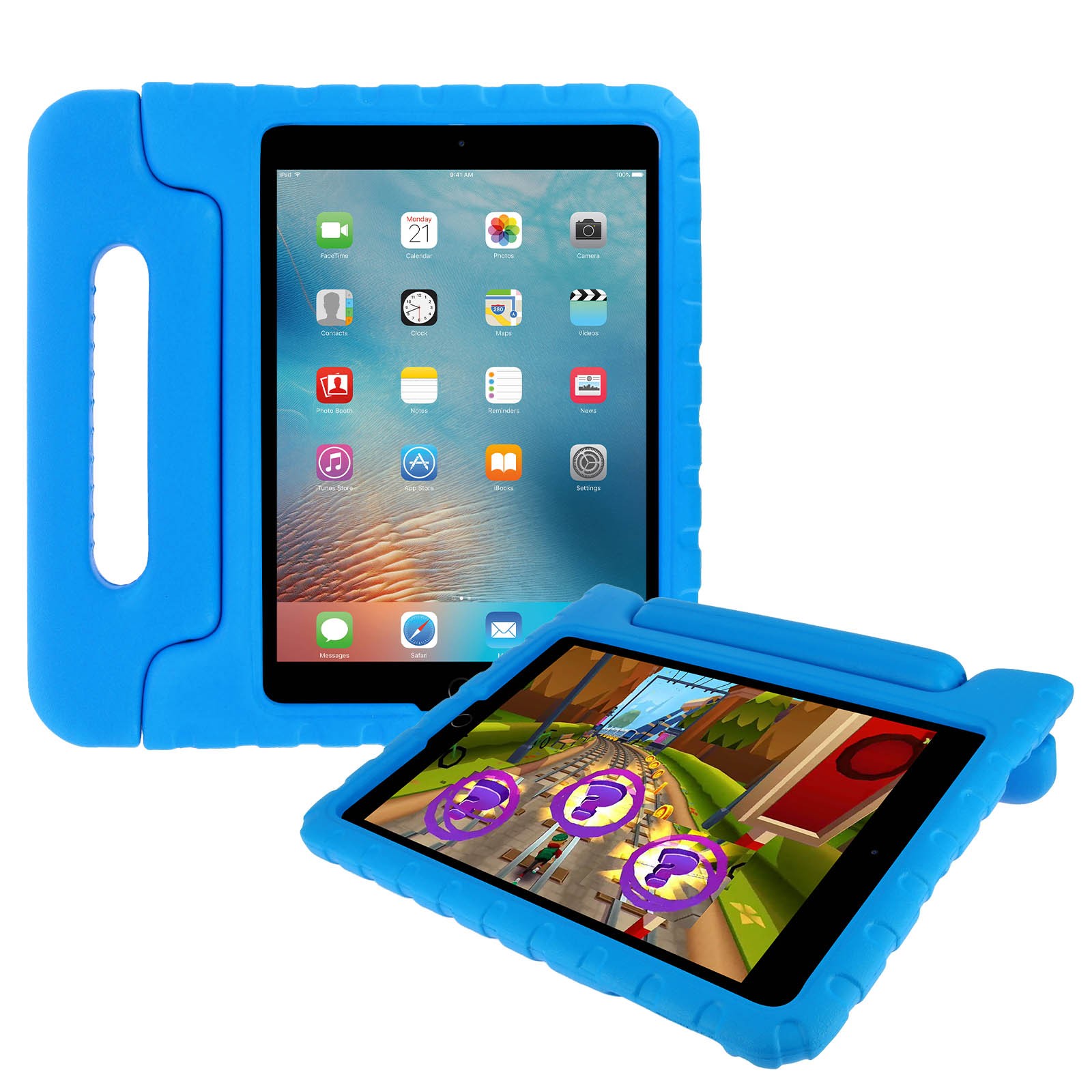 Coque iPad 5 pour l'école et les trajets en mousse bleue avec anse