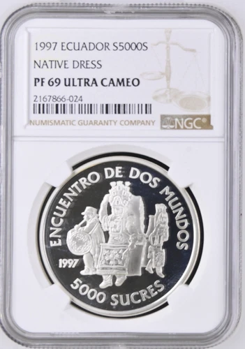 1997 ECUADOR - NGC PF 69 UC - SILVER 5000 SUCRES NATIVE DRESS