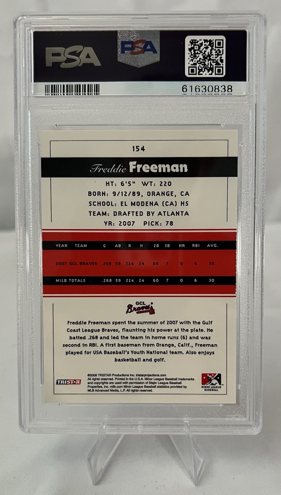 2008 TRISTAR PROjections #154 Freddie Freeman RC PSA 10 Graded GCL Braves view 2