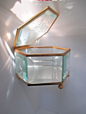 ETCHED GLASS and METAL OCTAGONAL trinket box with mirror inside base
