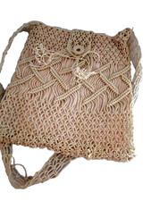70s Beige Macrame Handbag Vintage Woven Purse Bag. 10" x 10" Lined. Handmade