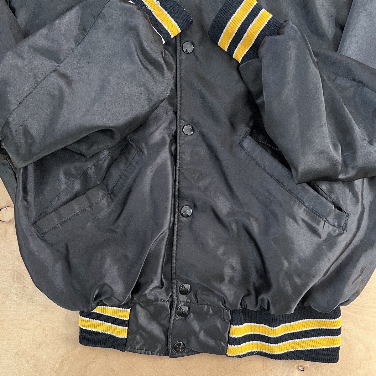 Vintage Radio Station Bomber Jacket M Black 80s Satin Rock Vintage Radio Station Bomber Jacket M Black 80s Satin Rock
