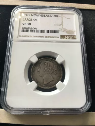 1899  Large 9's  NGC Graded Newfoundland, Silver ¢20 Cent, **VF-30** #006