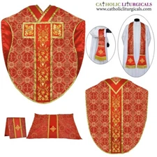 Metallic Red Chasuble St. Philip Neri Style vestment & mass set, IHS Embroidery