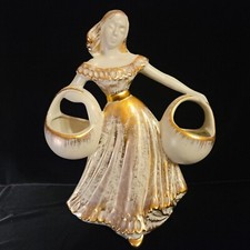 Royal Haeger Ceramic Planter Gypsy Woman Carrying 2 Baskets 22k Gold Tweed 16.5