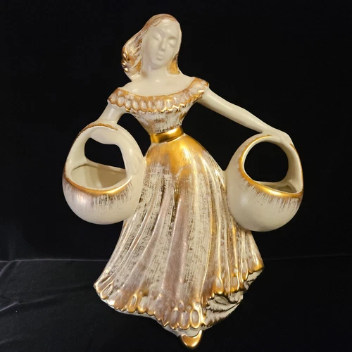 Royal Haeger Ceramic Planter Gypsy Woman Carrying 2 Baskets 22k Gold Tweed 16.5"