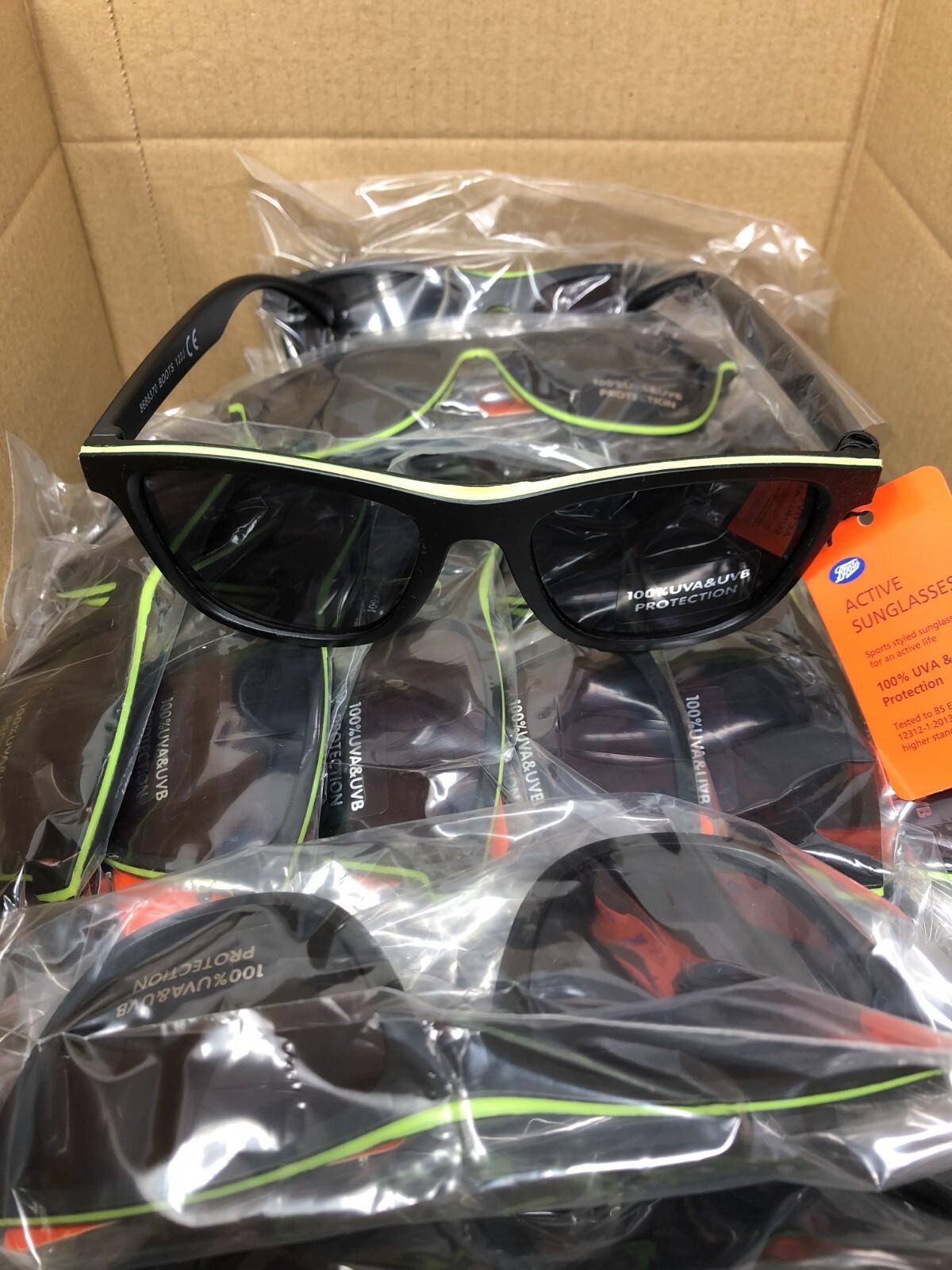 25 Men's Sunglasses Active Black Bright Green Trim Boots 122J Wholesale Lot