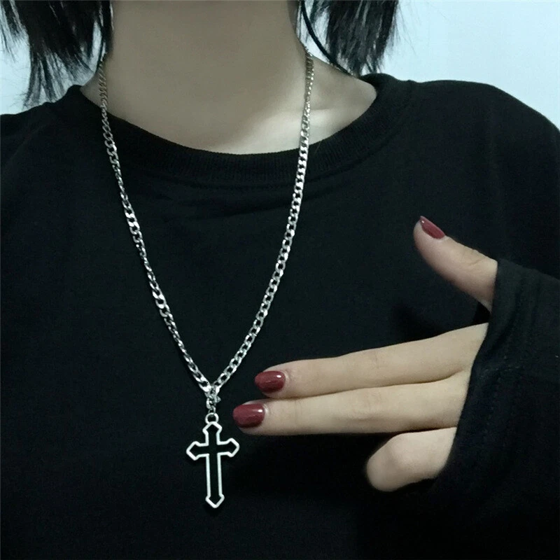 10PCS Vintage Dark Gothic Hollow Cross Pendant Chain Necklace For